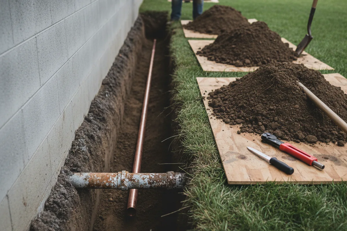 Excavated water line trench during Water Heater Repair in Athens